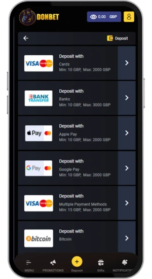Deposit screen in online casino